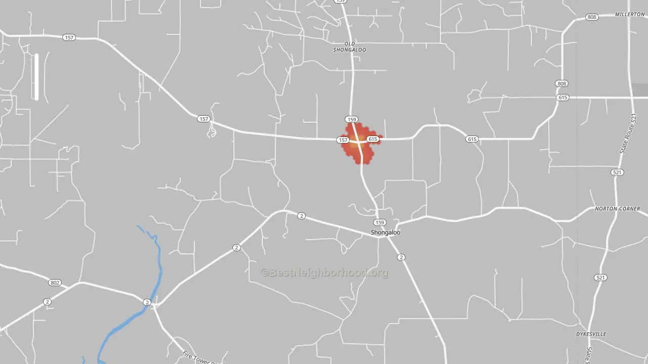 Walk Grade map of 71072, LA, walkable areas in green and car-dependent areas in red