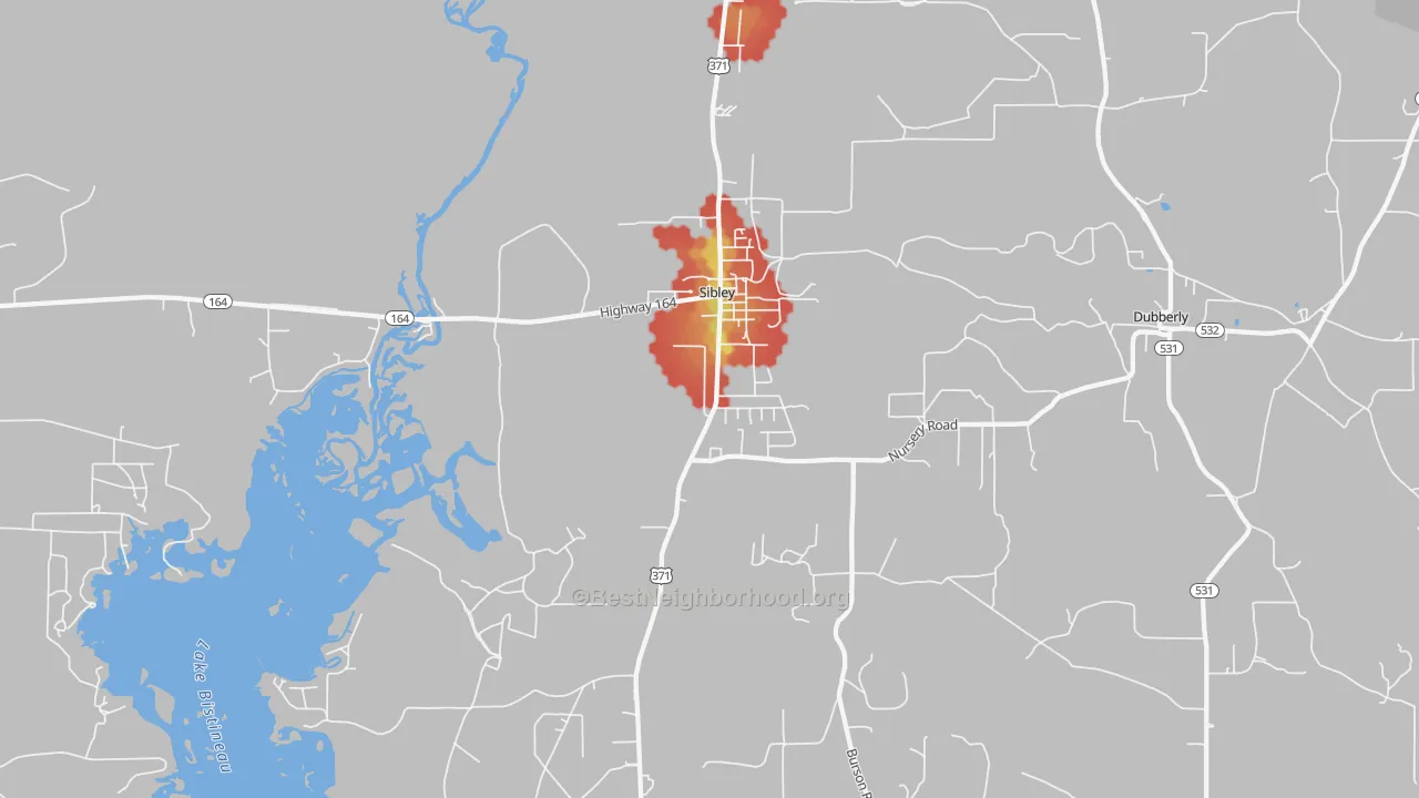Walk Grade map of 71073, LA, walkable areas in green and car-dependent areas in red