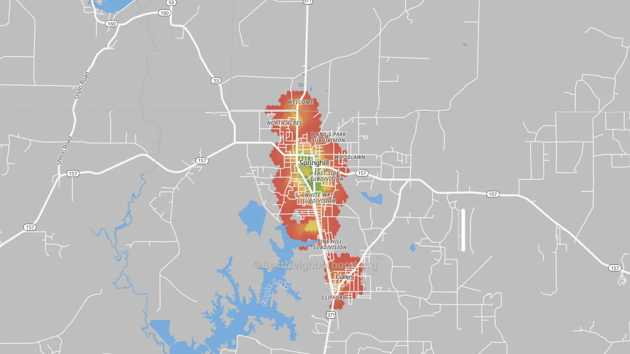 Walk Grade map of 71075, LA, walkable areas in green and car-dependent areas in red