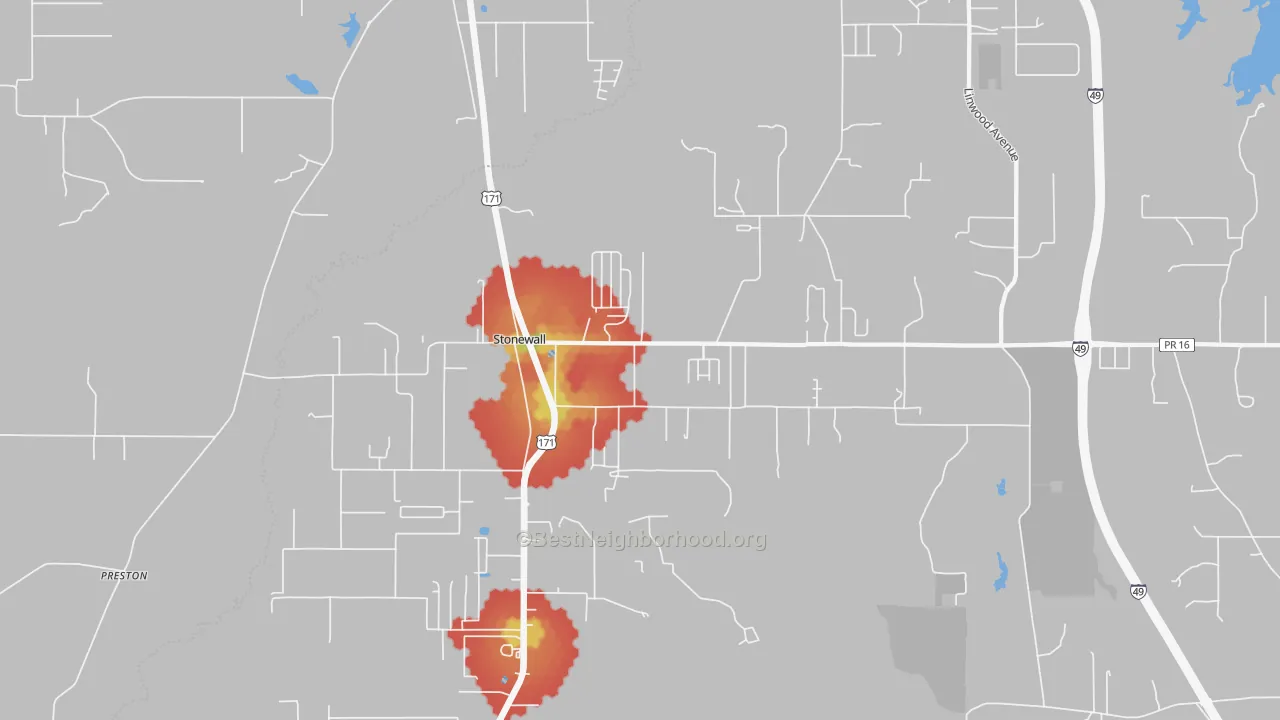 Walk Grade map of 71078, LA, walkable areas in green and car-dependent areas in red
