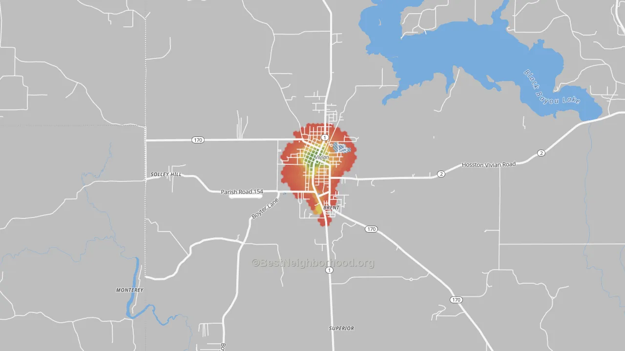 Walk Grade map of 71082, LA, walkable areas in green and car-dependent areas in red