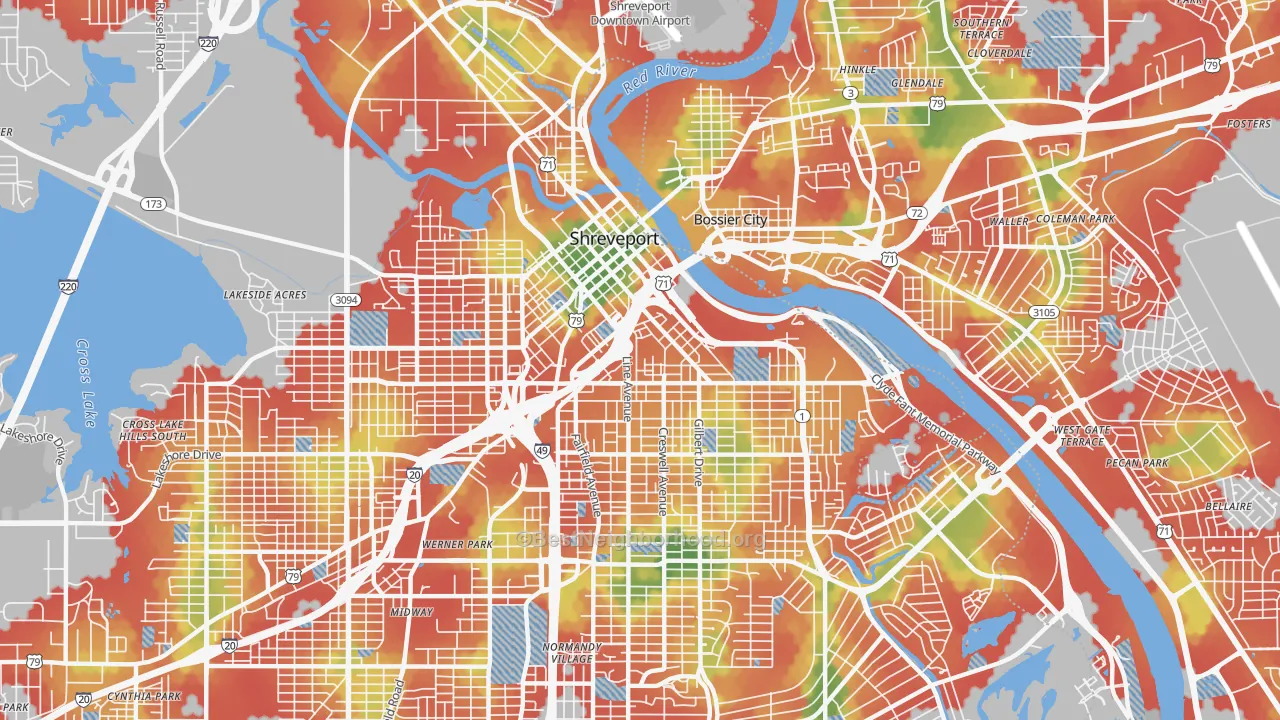 Walk Grade map of 71101, LA, walkable areas in green and car-dependent areas in red