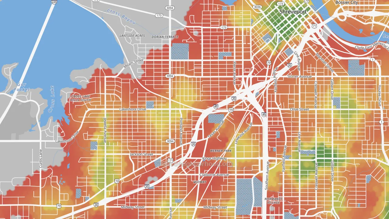 Walk Grade map of 71103, LA, walkable areas in green and car-dependent areas in red