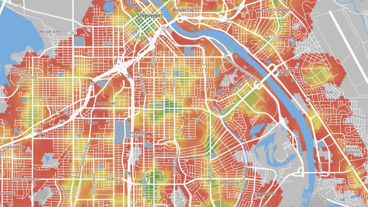 Walk Grade map of 71104, LA, walkable areas in green and car-dependent areas in red