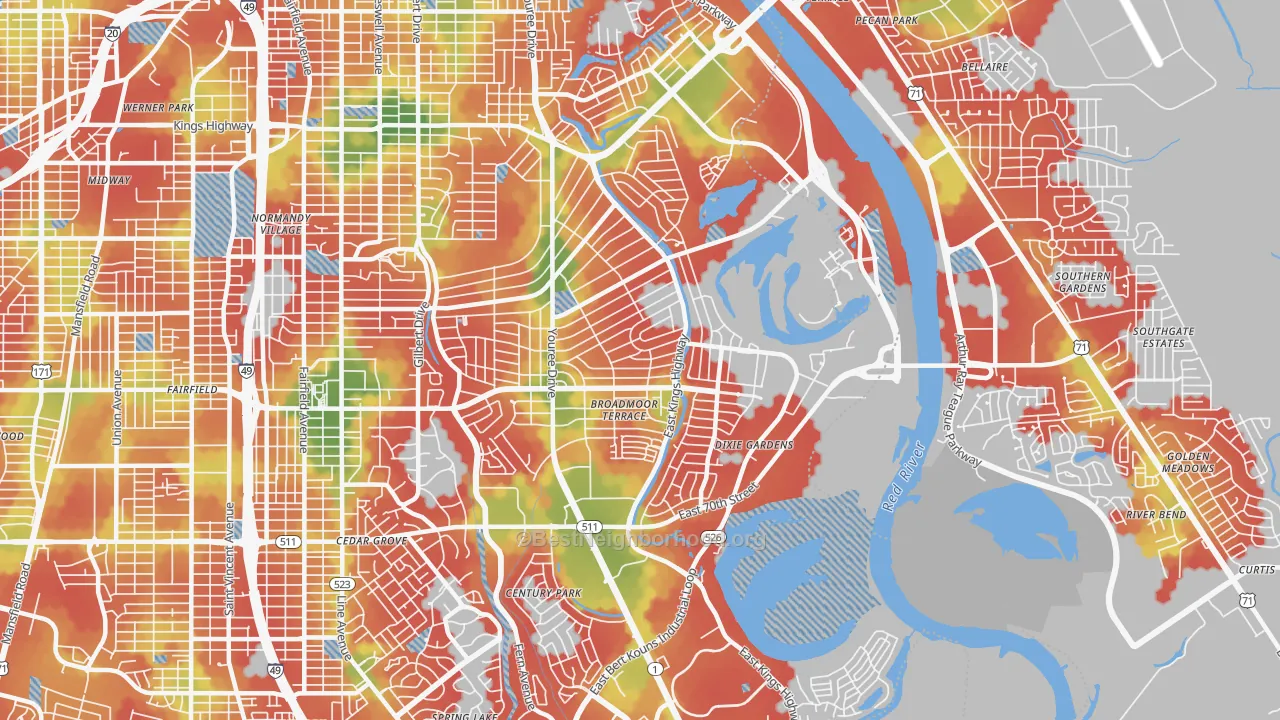 Walk Grade map of 71105, LA, walkable areas in green and car-dependent areas in red