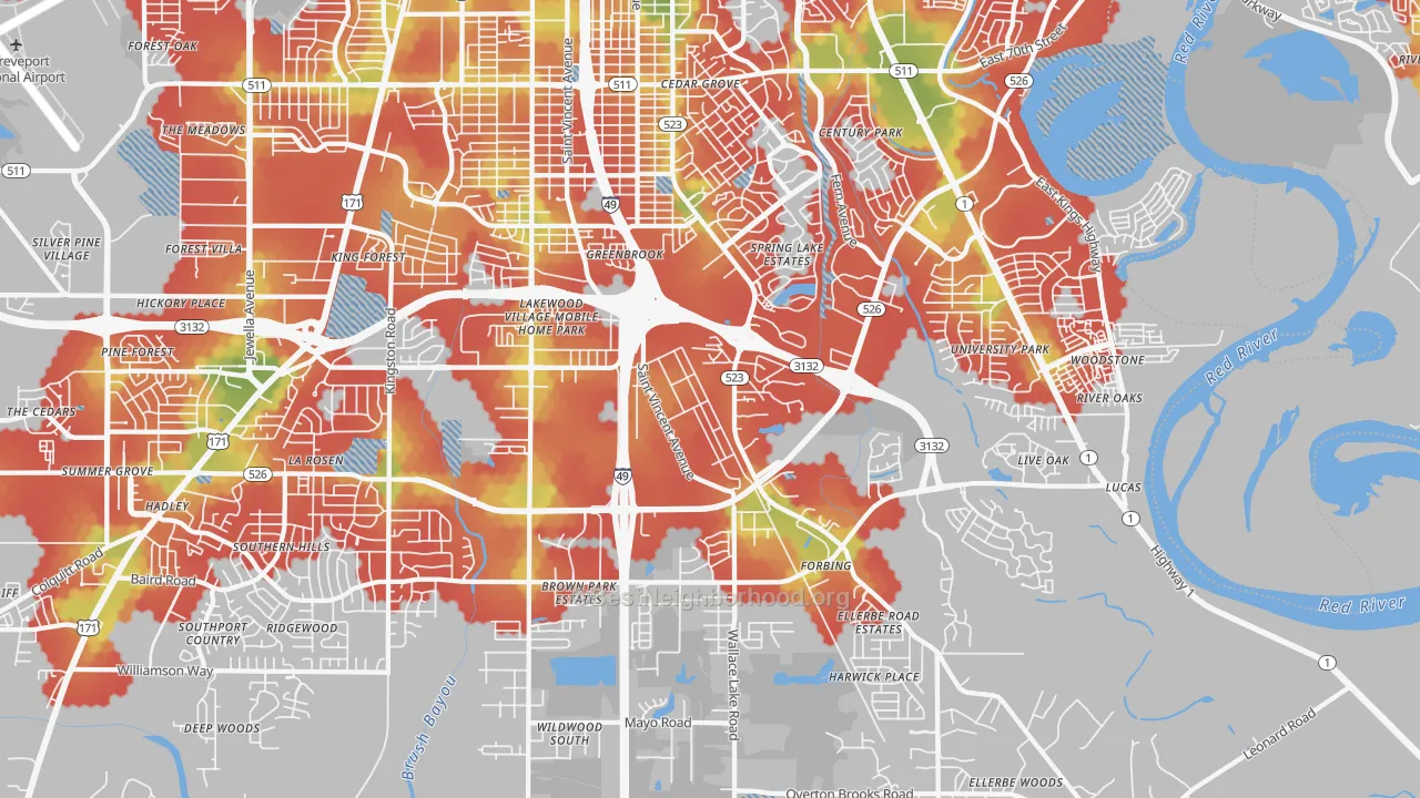 Walk Grade map of 71106, LA, walkable areas in green and car-dependent areas in red