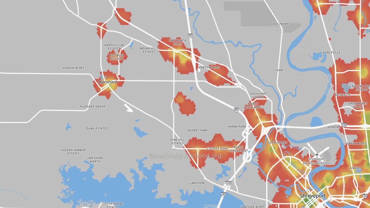 Walk Grade map of 71107, LA, walkable areas in green and car-dependent areas in red