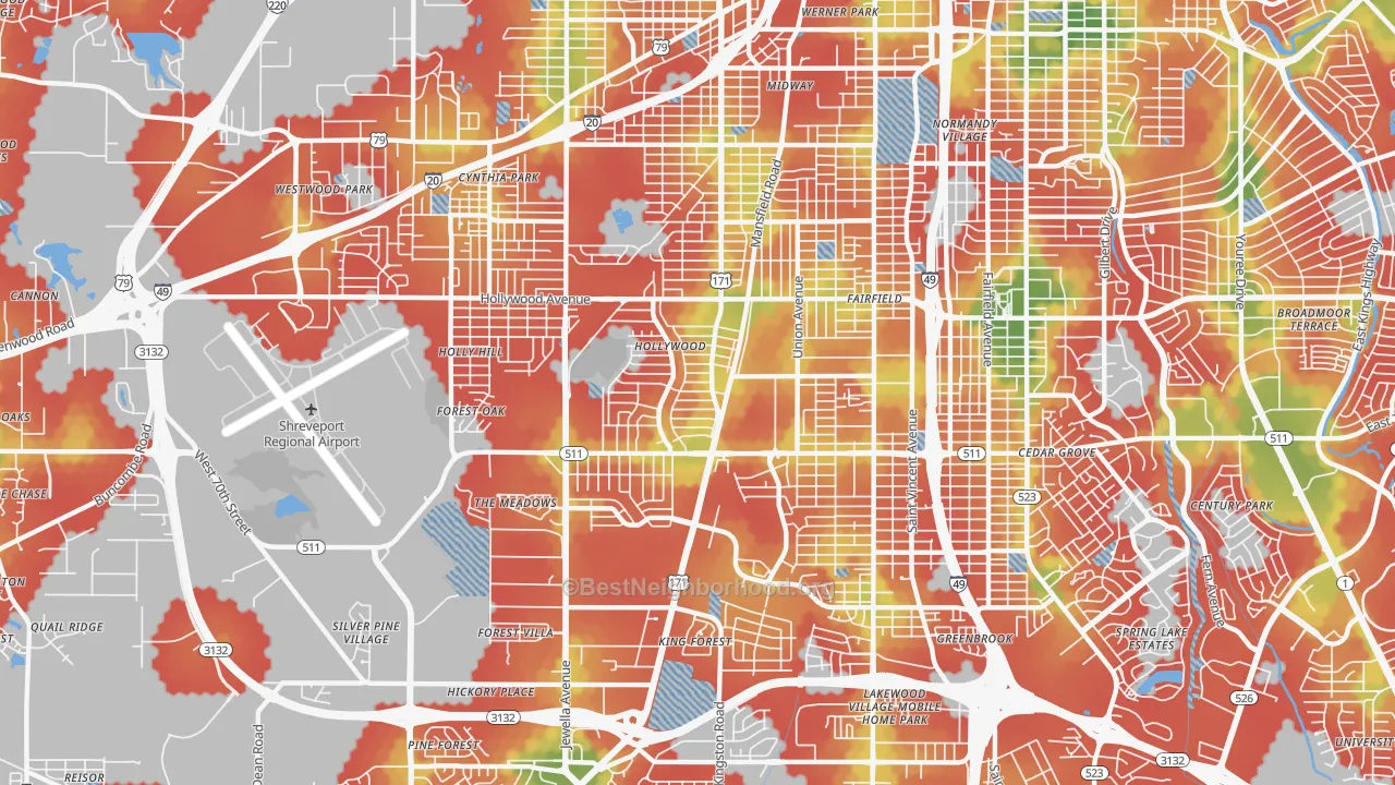 Walk Grade map of 71108, LA, walkable areas in green and car-dependent areas in red