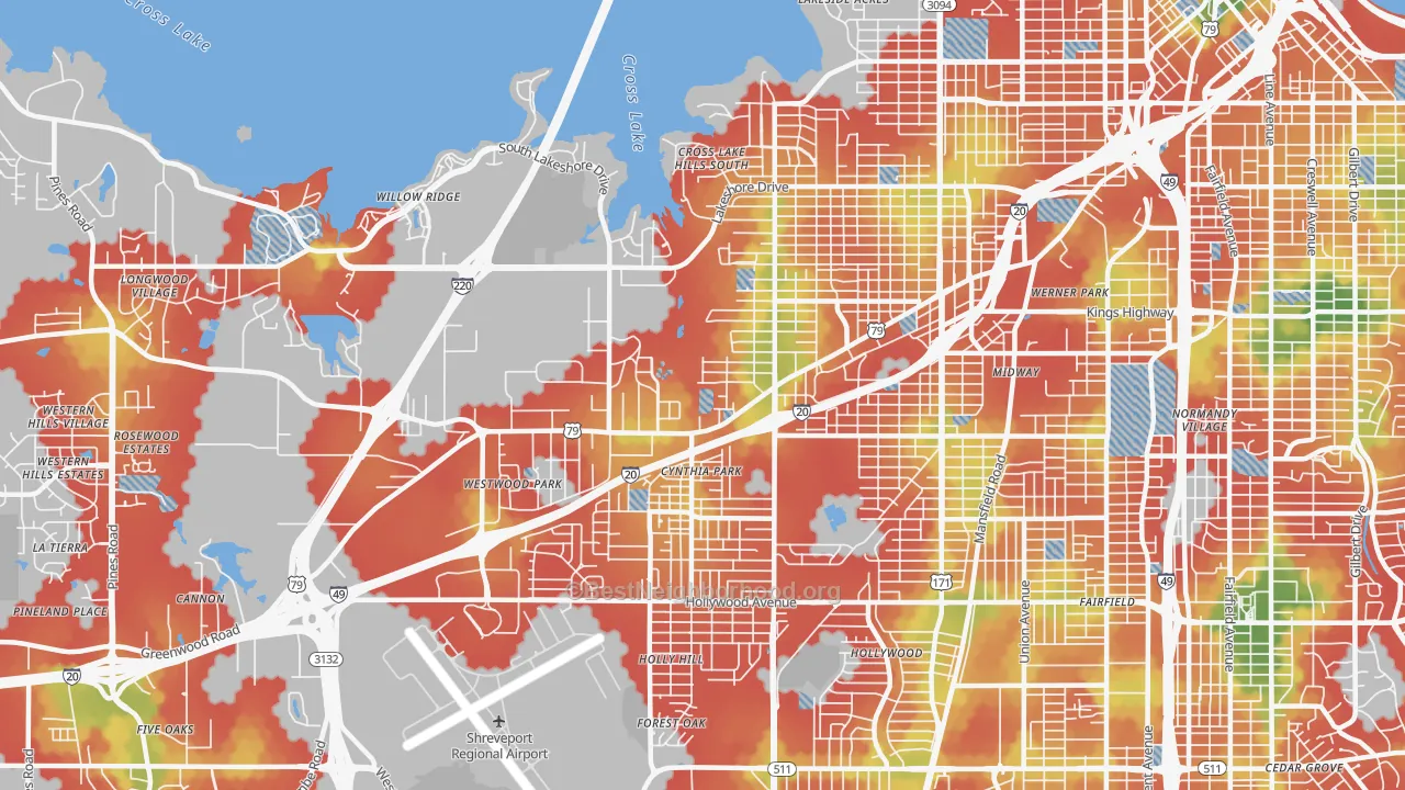 Walk Grade map of 71109, LA, walkable areas in green and car-dependent areas in red