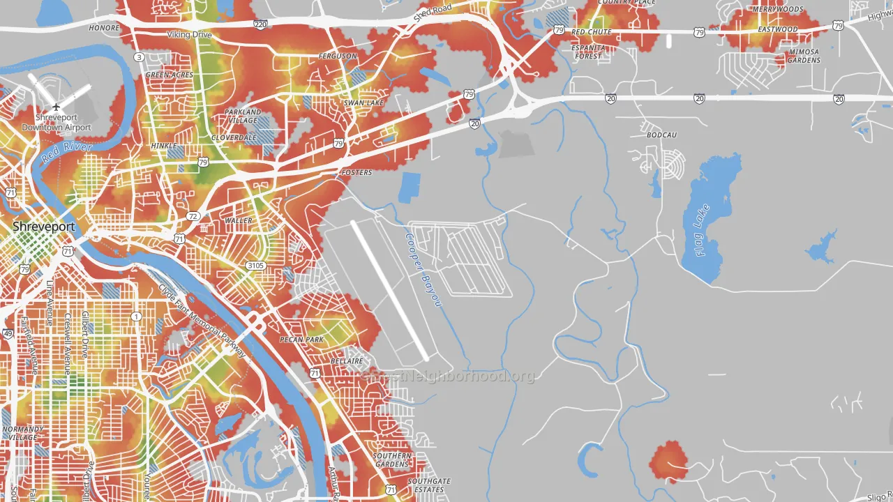 Walk Grade map of 71110, LA, walkable areas in green and car-dependent areas in red