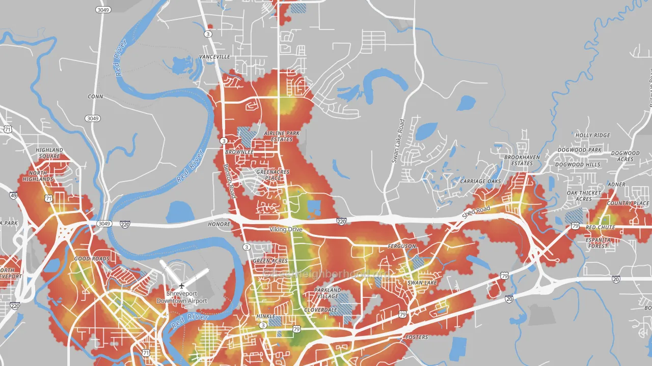 Walk Grade map of 71111, LA, walkable areas in green and car-dependent areas in red
