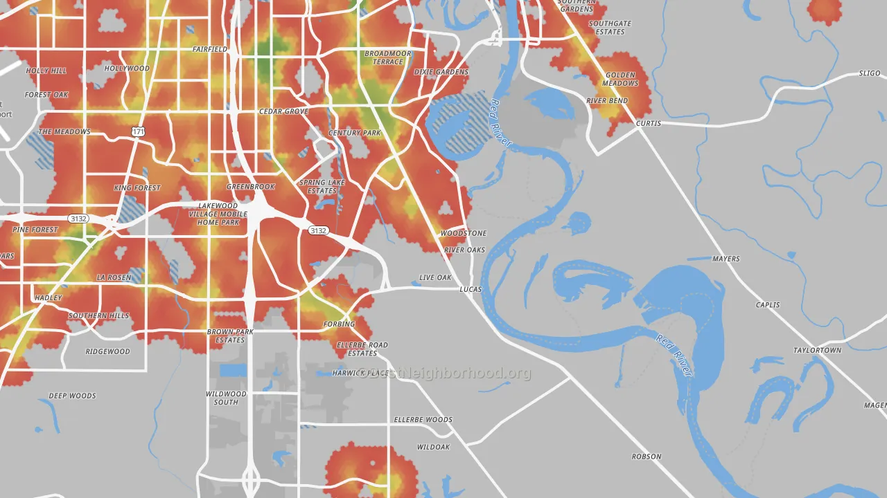 Walk Grade map of 71115, LA, walkable areas in green and car-dependent areas in red