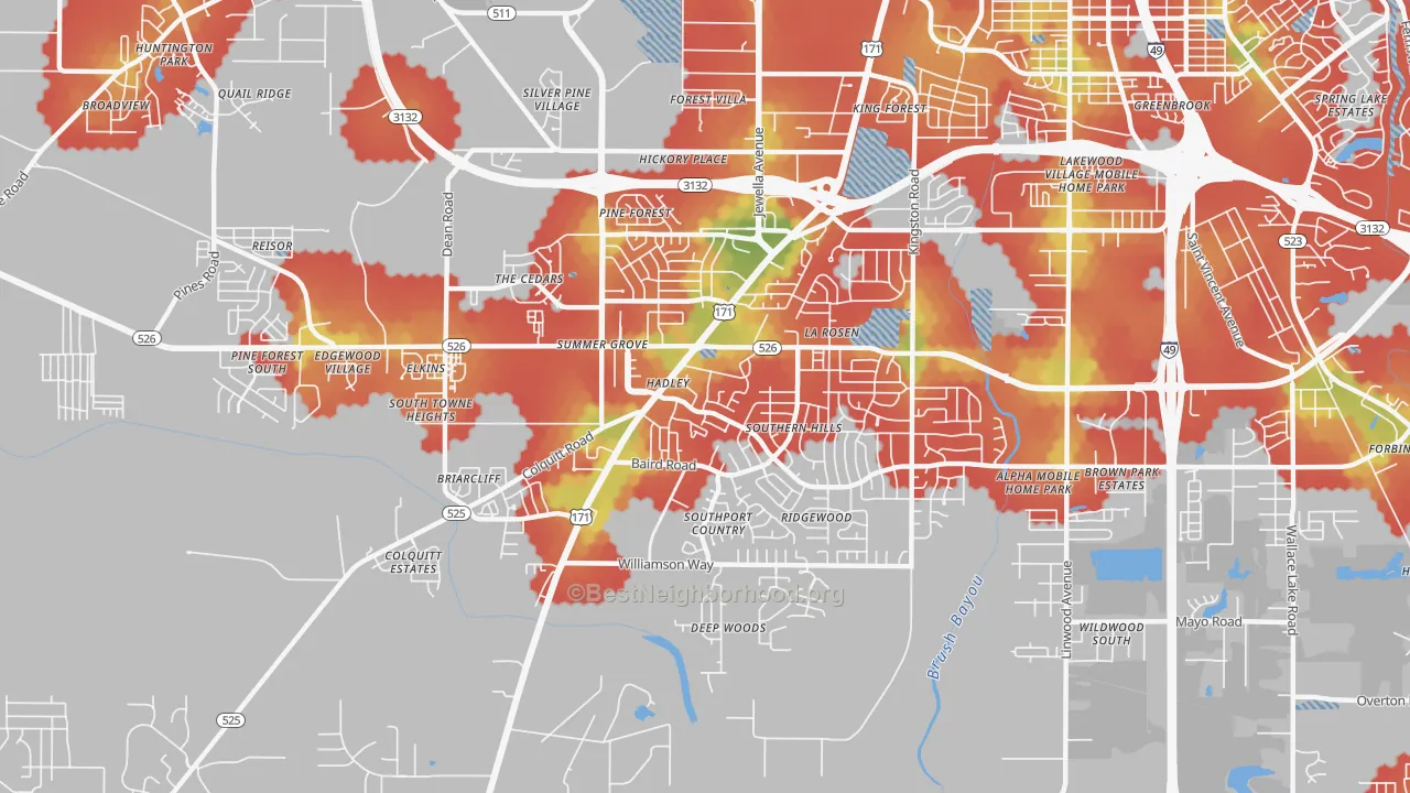 Walk Grade map of 71118, LA, walkable areas in green and car-dependent areas in red