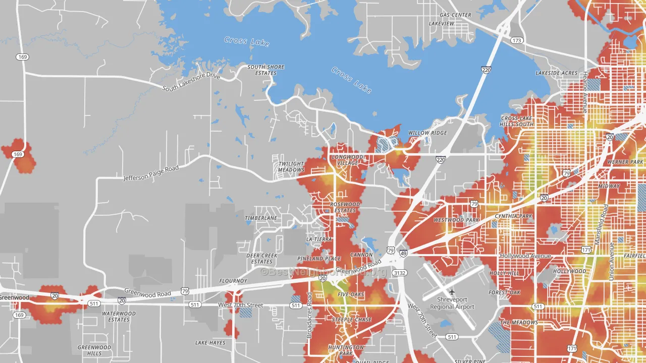 Walk Grade map of 71119, LA, walkable areas in green and car-dependent areas in red