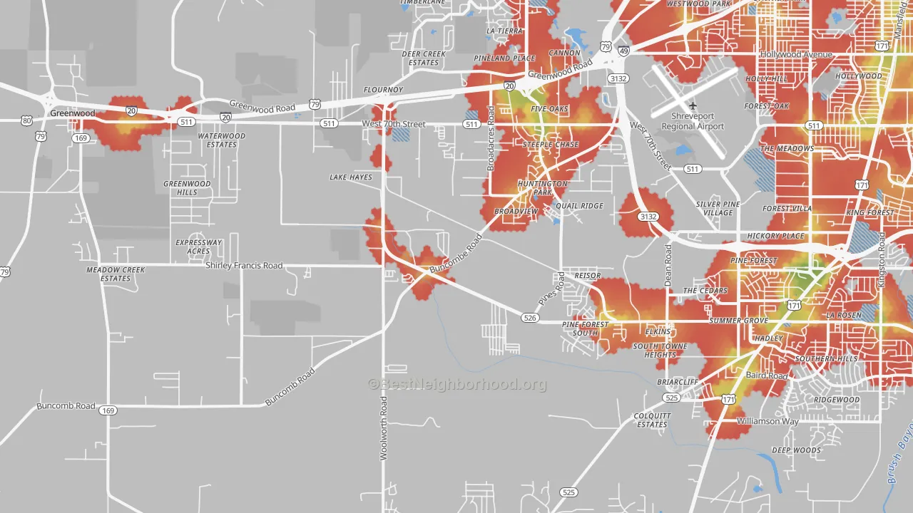 Walk Grade map of 71129, LA, walkable areas in green and car-dependent areas in red