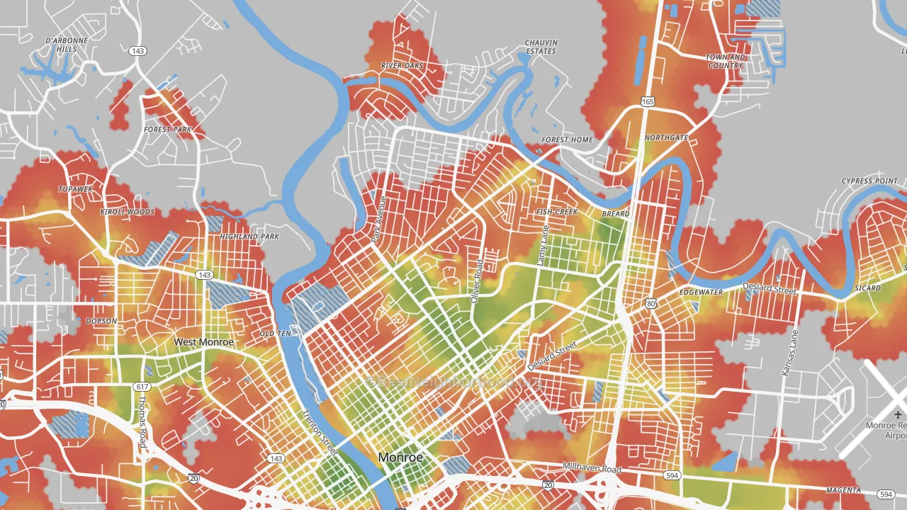 Walk Grade map of 71201, LA, walkable areas in green and car-dependent areas in red