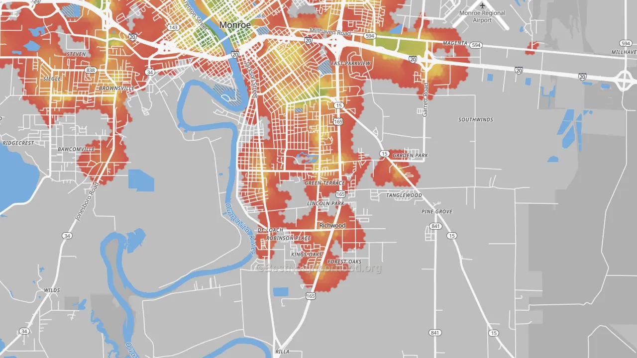 Walk Grade map of 71202, LA, walkable areas in green and car-dependent areas in red