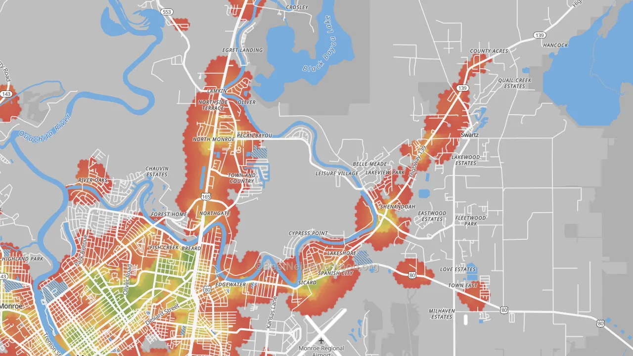 Walk Grade map of 71203, LA, walkable areas in green and car-dependent areas in red