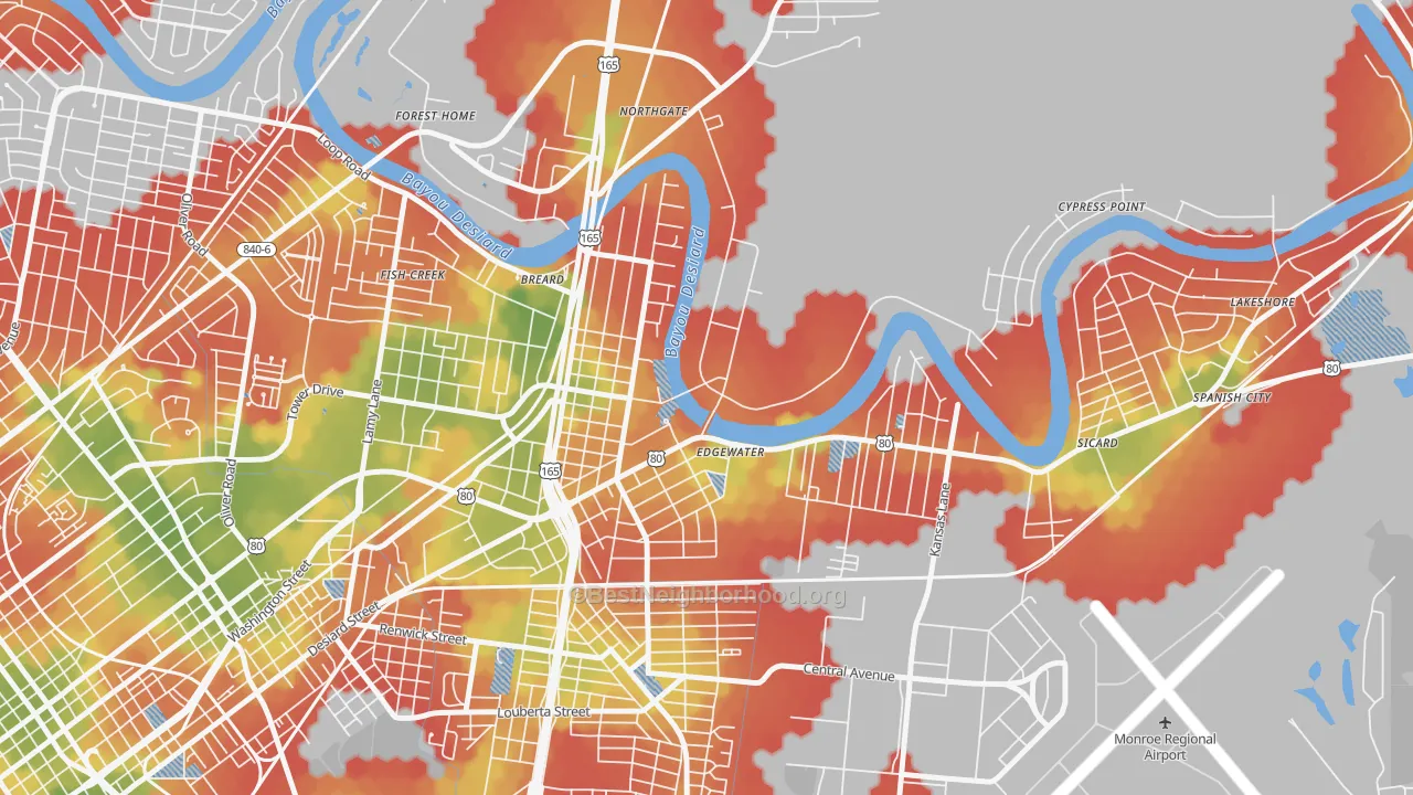 Walk Grade map of 71209, LA, walkable areas in green and car-dependent areas in red