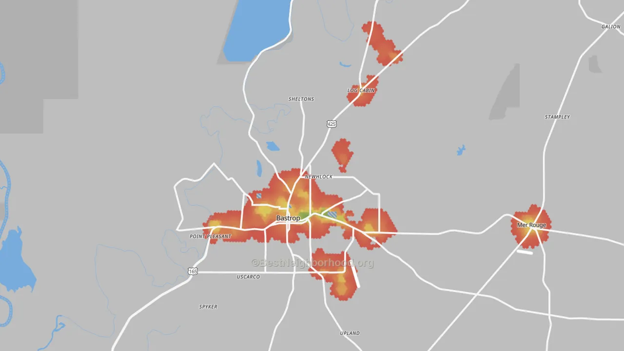 Walk Grade map of 71220, LA, walkable areas in green and car-dependent areas in red