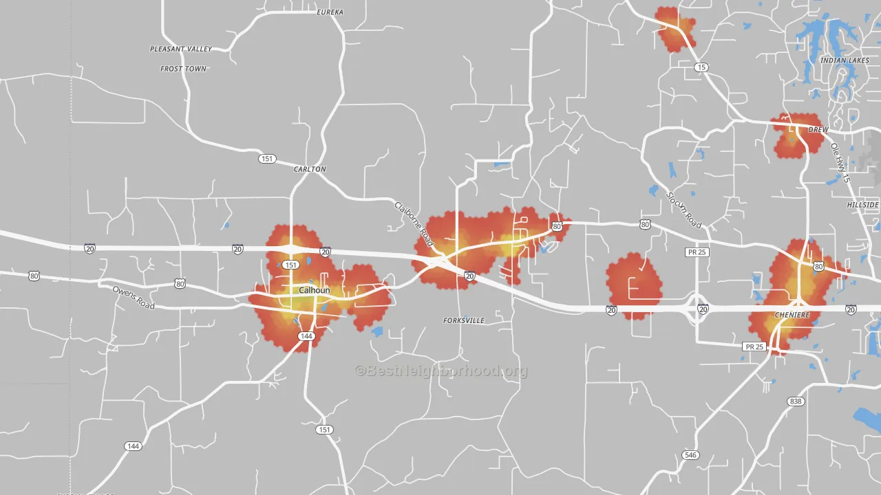 Walk Grade map of 71225, LA, walkable areas in green and car-dependent areas in red
