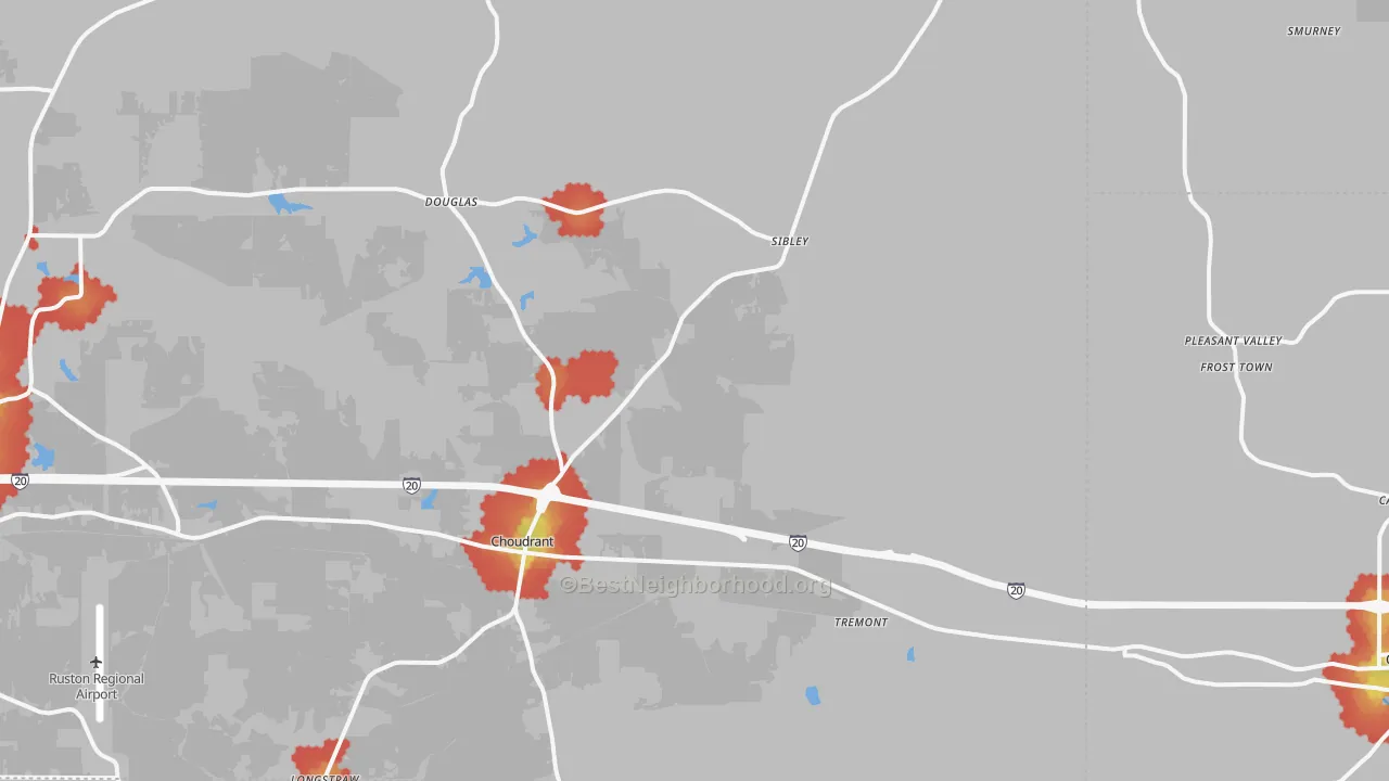 Walk Grade map of 71227, LA, walkable areas in green and car-dependent areas in red