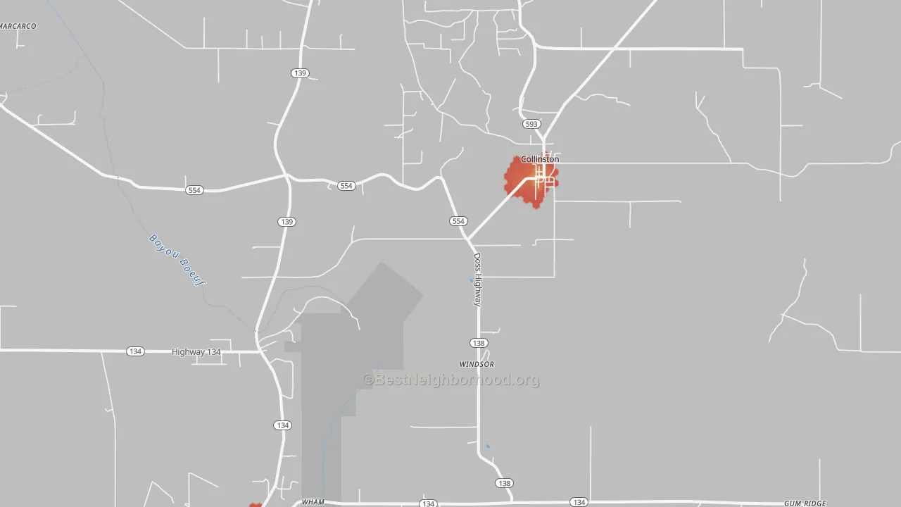 Walk Grade map of 71229, LA, walkable areas in green and car-dependent areas in red