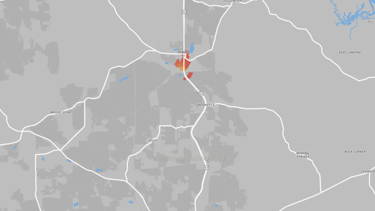 Walk Grade map of 71235, LA, walkable areas in green and car-dependent areas in red