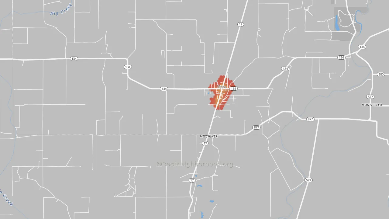 Walk Grade map of 71237, LA, walkable areas in green and car-dependent areas in red