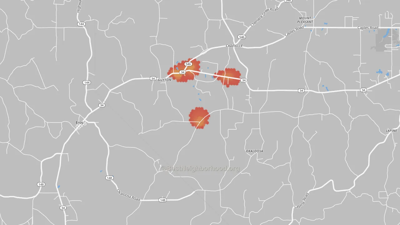 Walk Grade map of 71238, LA, walkable areas in green and car-dependent areas in red