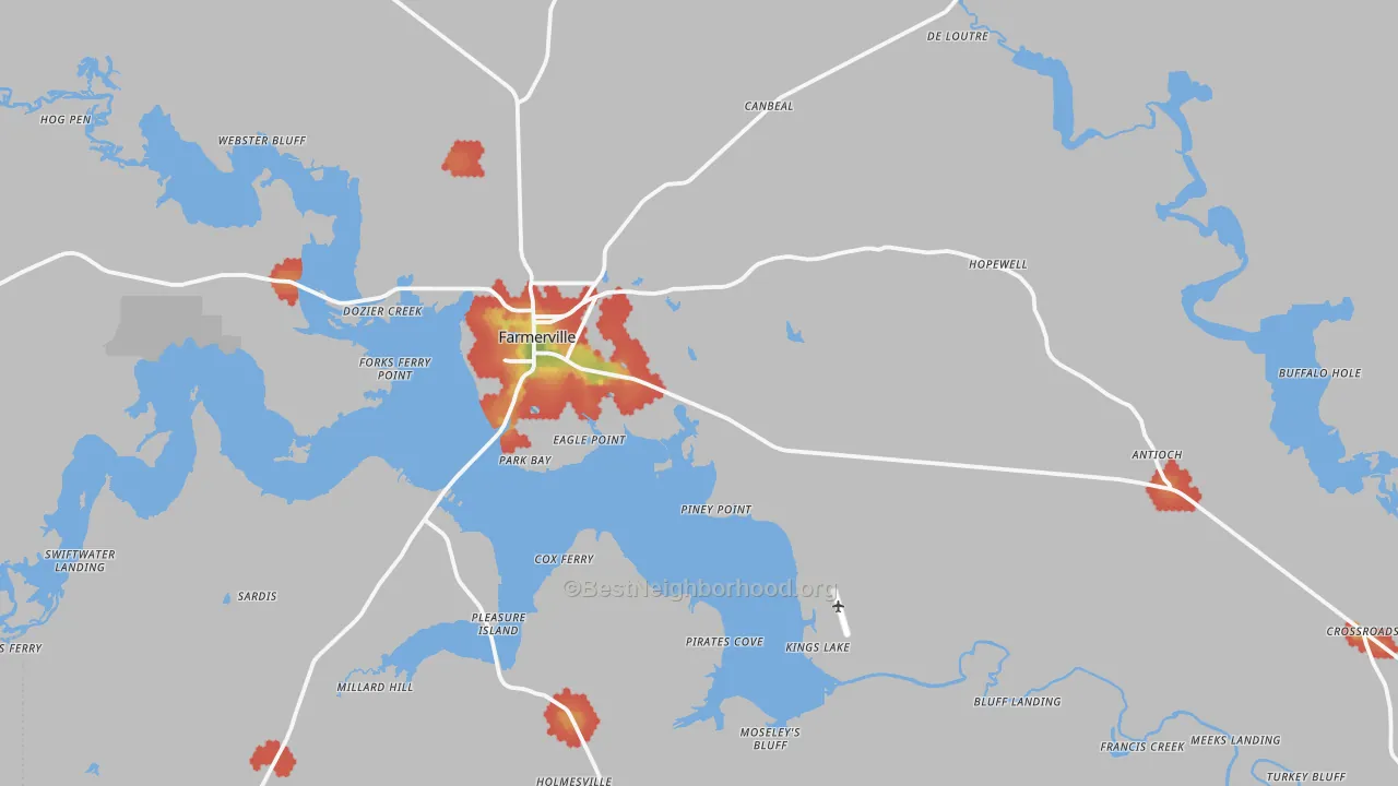 Walk Grade map of 71241, LA, walkable areas in green and car-dependent areas in red