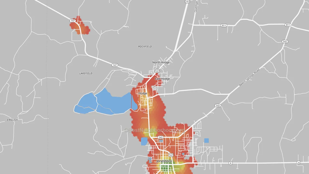 Walk Grade map of 71247, LA, walkable areas in green and car-dependent areas in red