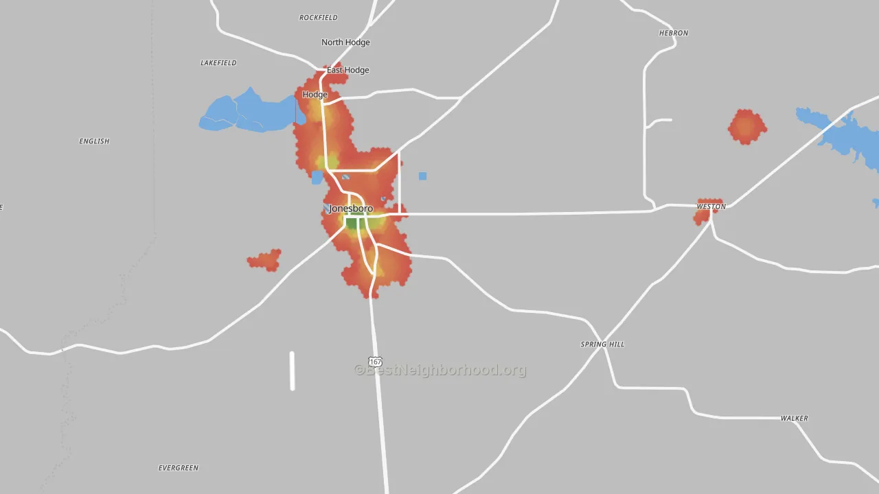 Walk Grade map of 71251, LA, walkable areas in green and car-dependent areas in red