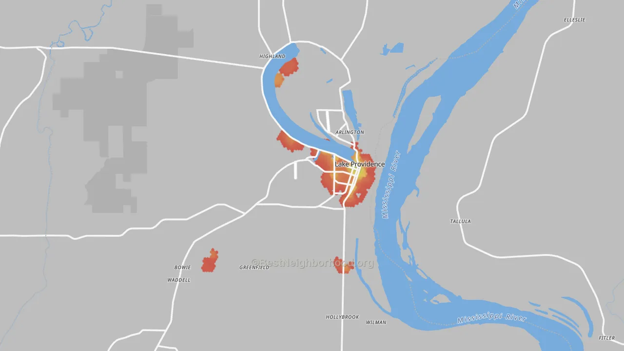 Walk Grade map of 71254, LA, walkable areas in green and car-dependent areas in red