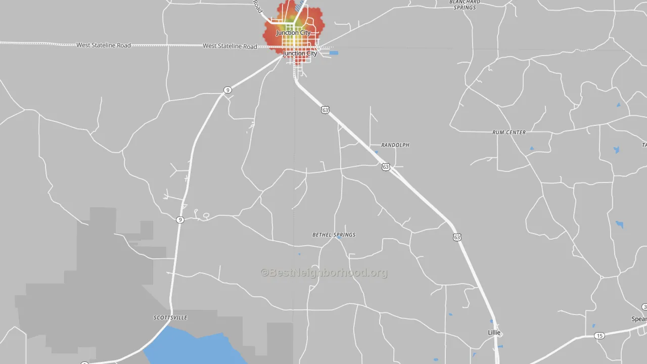 Walk Grade map of 71256, LA, walkable areas in green and car-dependent areas in red