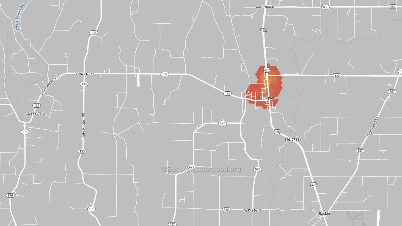 Walk Grade map of 71259, LA, walkable areas in green and car-dependent areas in red