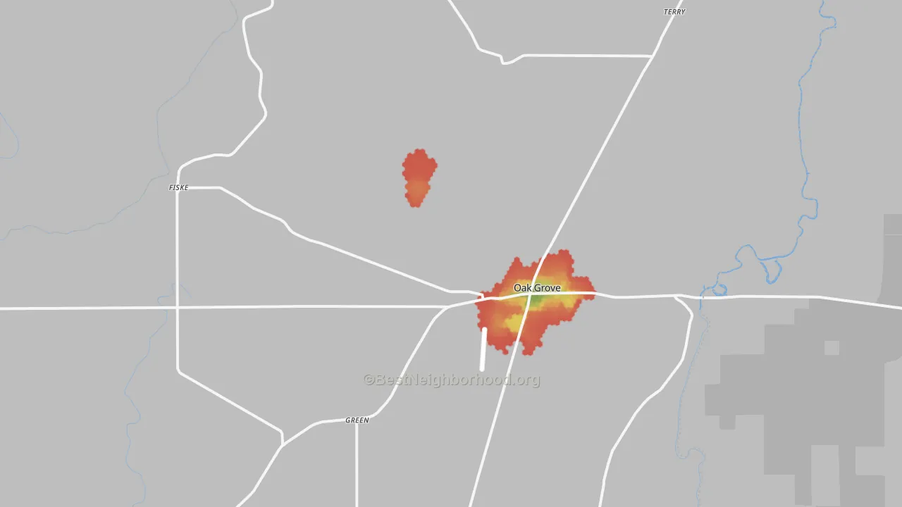 Walk Grade map of 71263, LA, walkable areas in green and car-dependent areas in red
