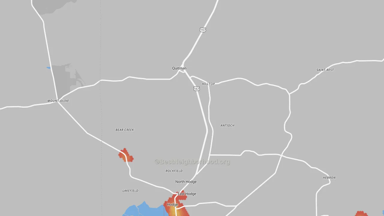 Walk Grade map of 71268, LA, walkable areas in green and car-dependent areas in red
