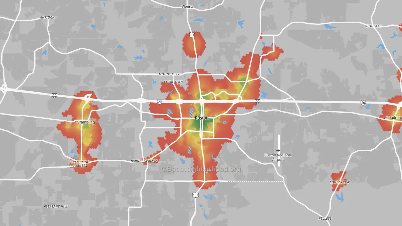 Walk Grade map of 71270, LA, walkable areas in green and car-dependent areas in red