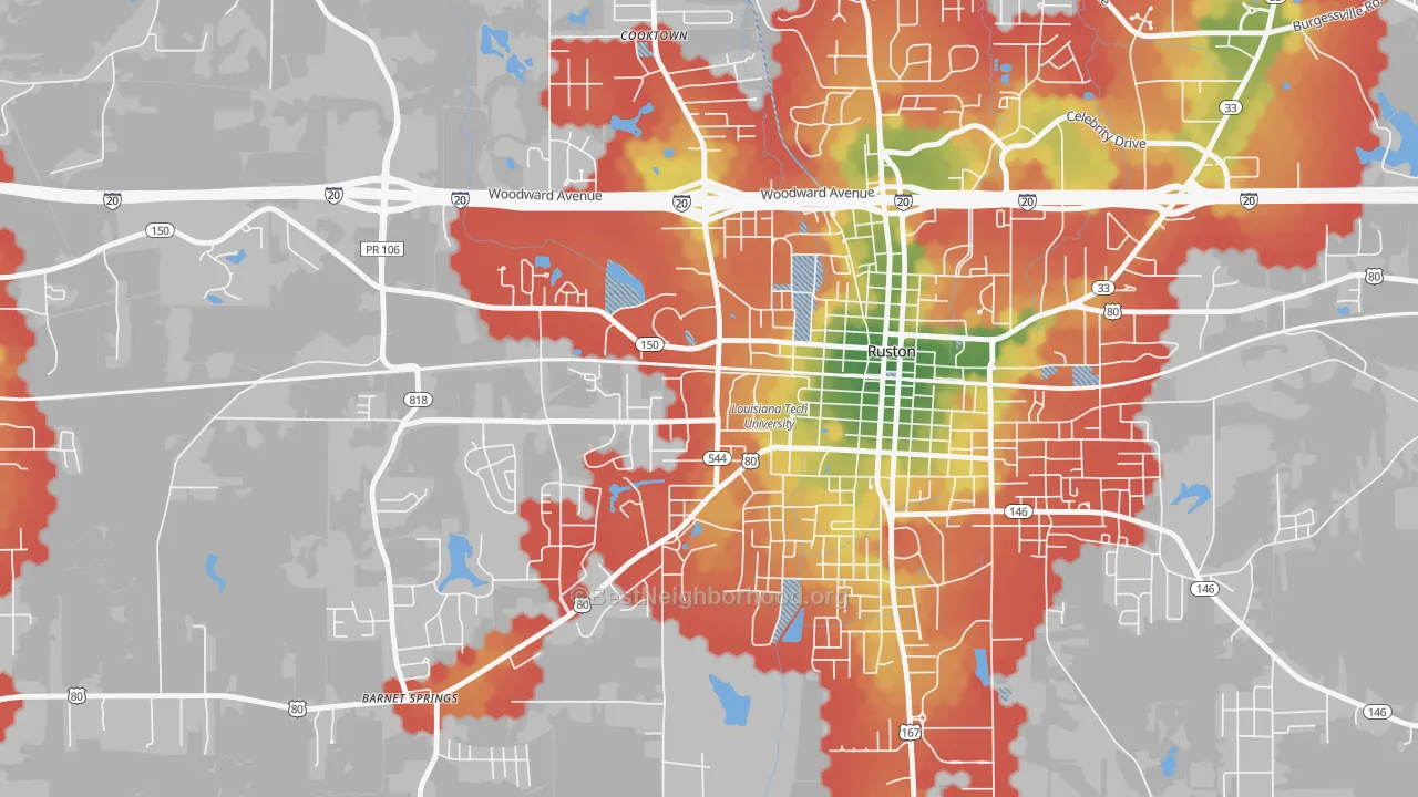 Walk Grade map of 71272, LA, walkable areas in green and car-dependent areas in red