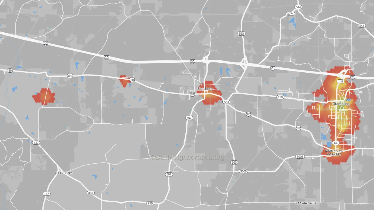 Walk Grade map of 71275, LA, walkable areas in green and car-dependent areas in red