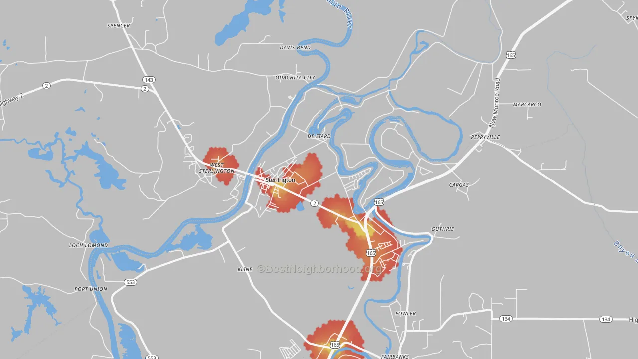Walk Grade map of 71280, LA, walkable areas in green and car-dependent areas in red