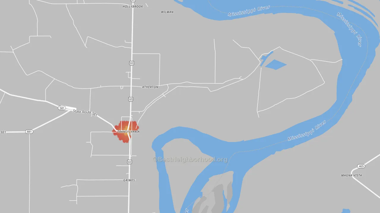 Walk Grade map of 71286, LA, walkable areas in green and car-dependent areas in red