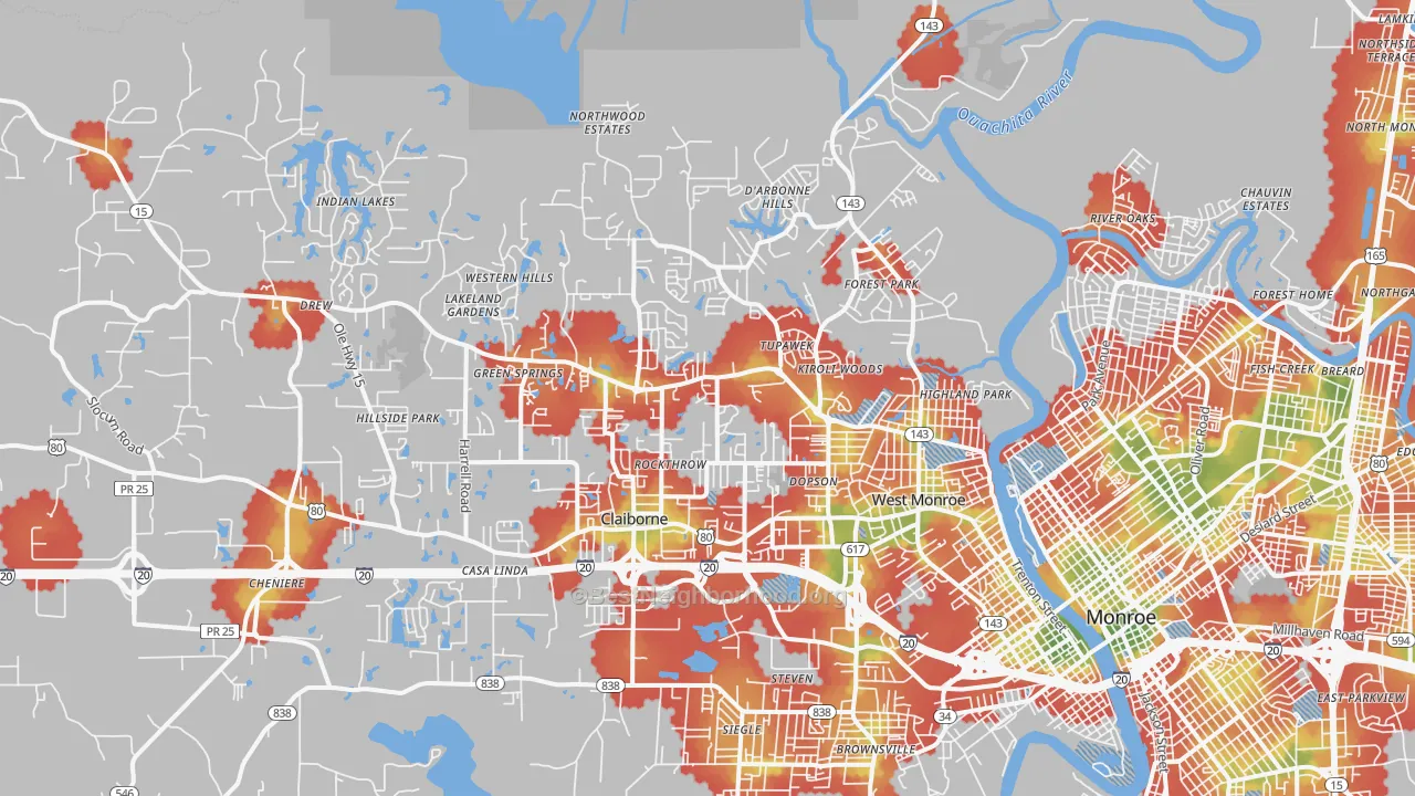 Walk Grade map of 71291, LA, walkable areas in green and car-dependent areas in red