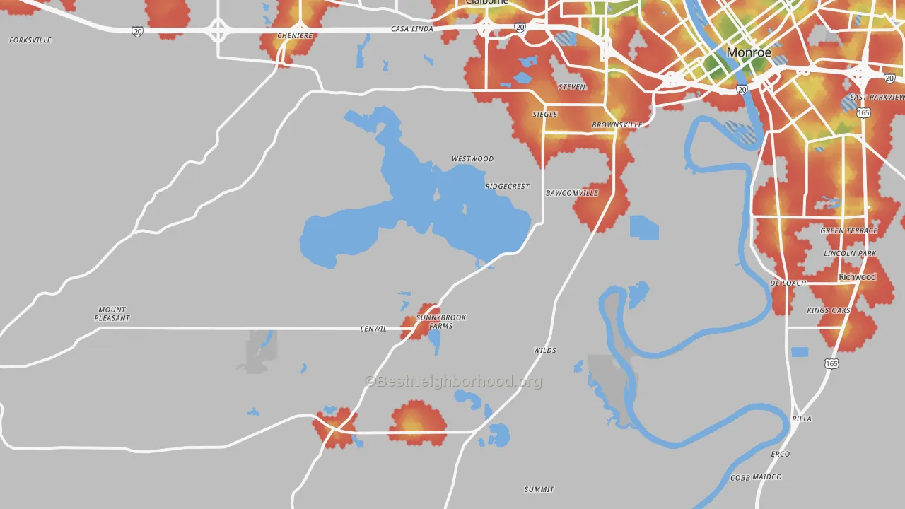 Walk Grade map of 71292, LA, walkable areas in green and car-dependent areas in red