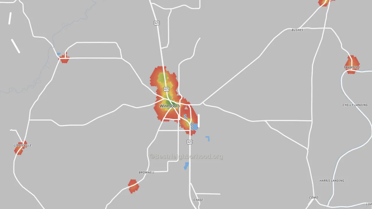 Walk Grade map of 71295, LA, walkable areas in green and car-dependent areas in red