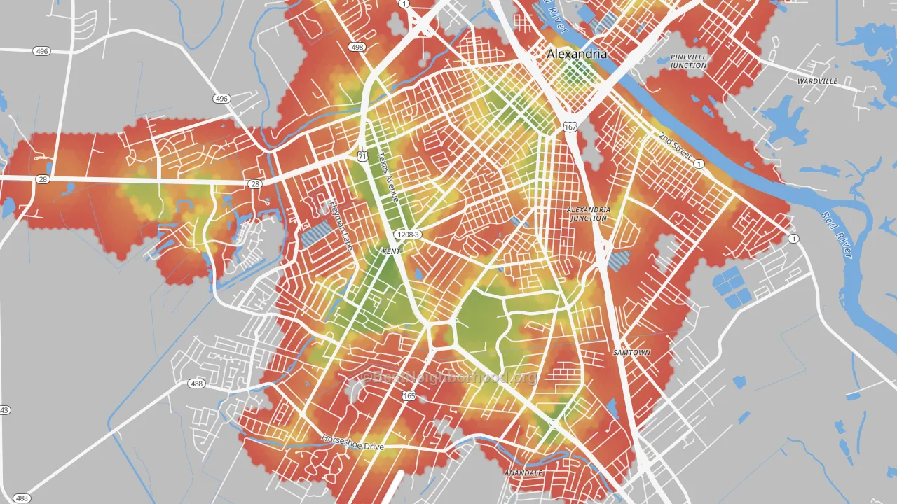 Walk Grade map of 71301, LA, walkable areas in green and car-dependent areas in red