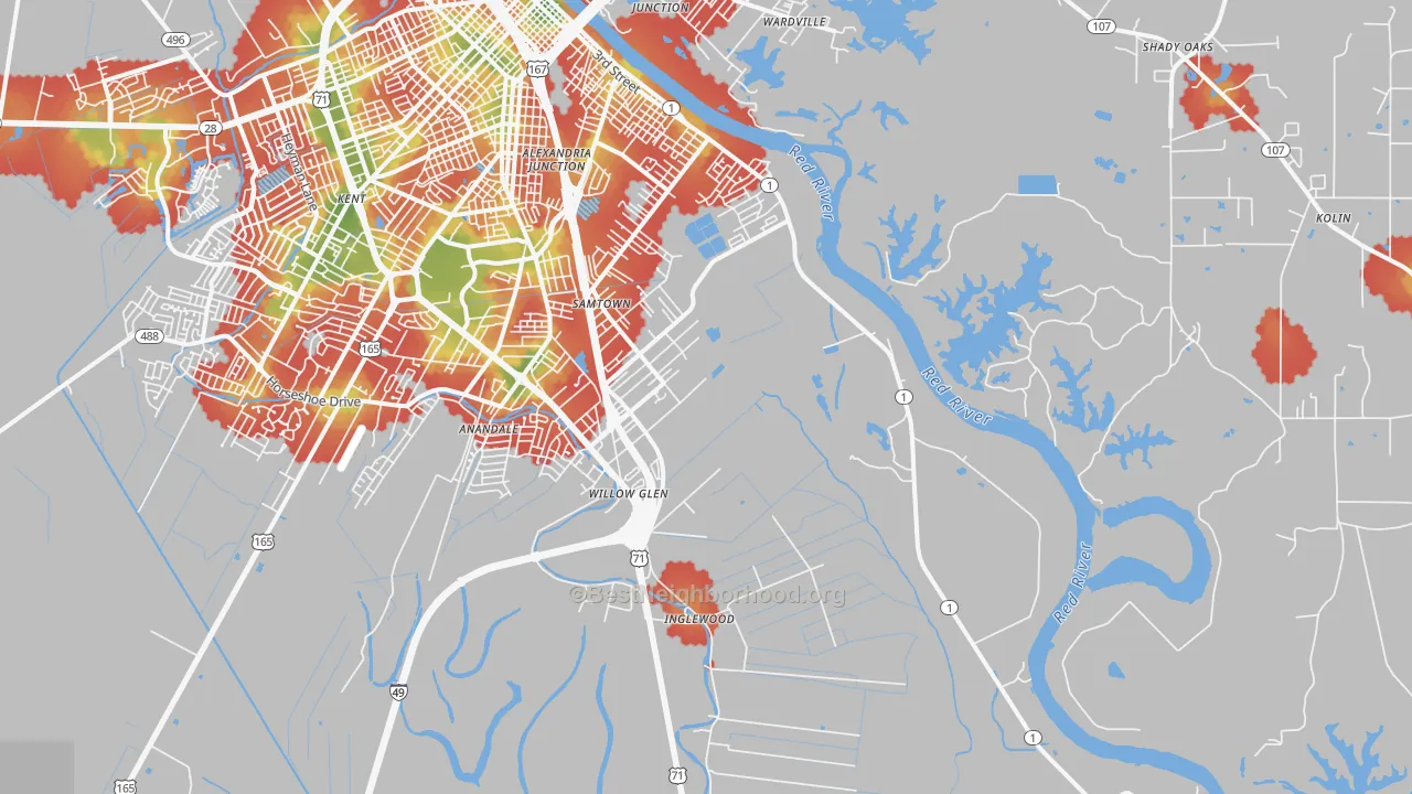 Walk Grade map of 71302, LA, walkable areas in green and car-dependent areas in red