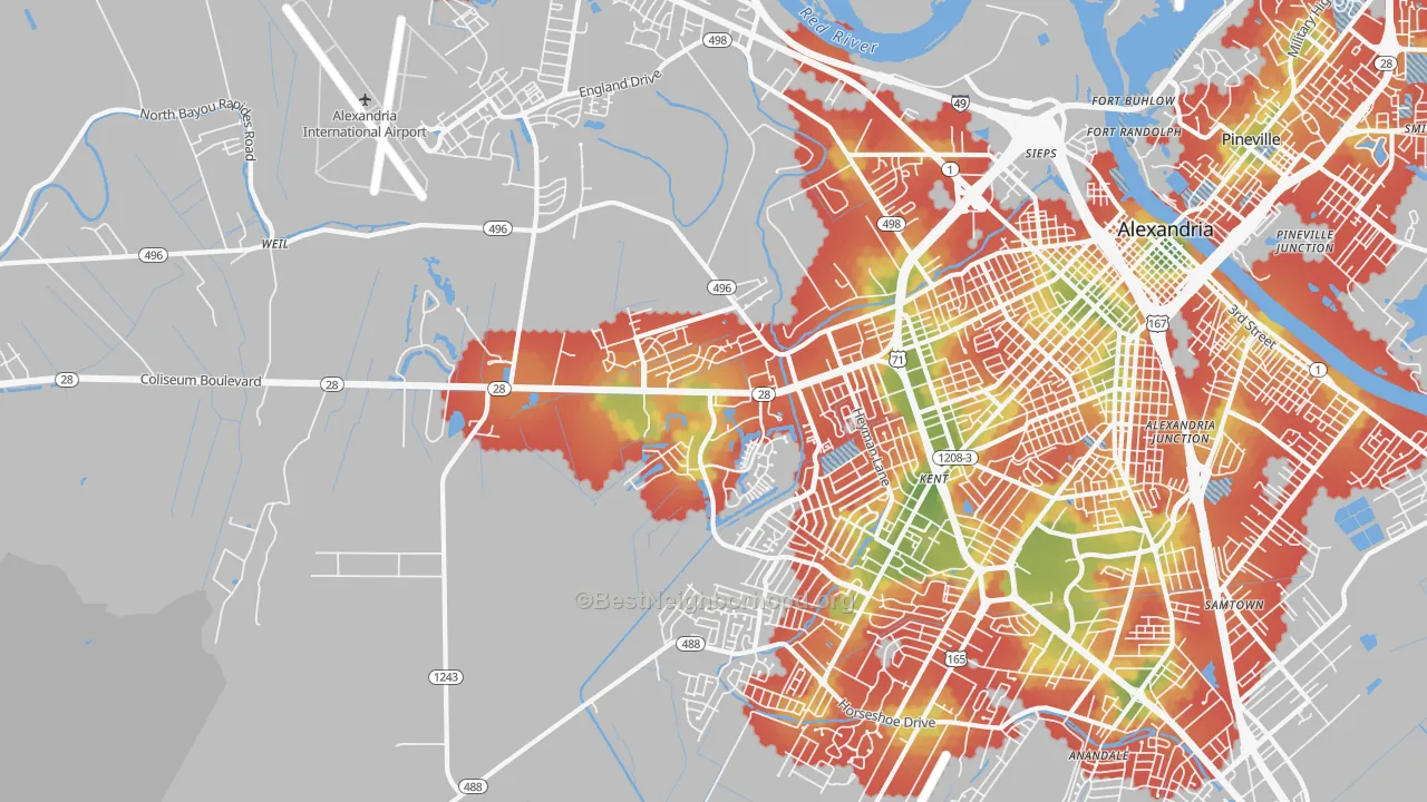 Walk Grade map of 71303, LA, walkable areas in green and car-dependent areas in red