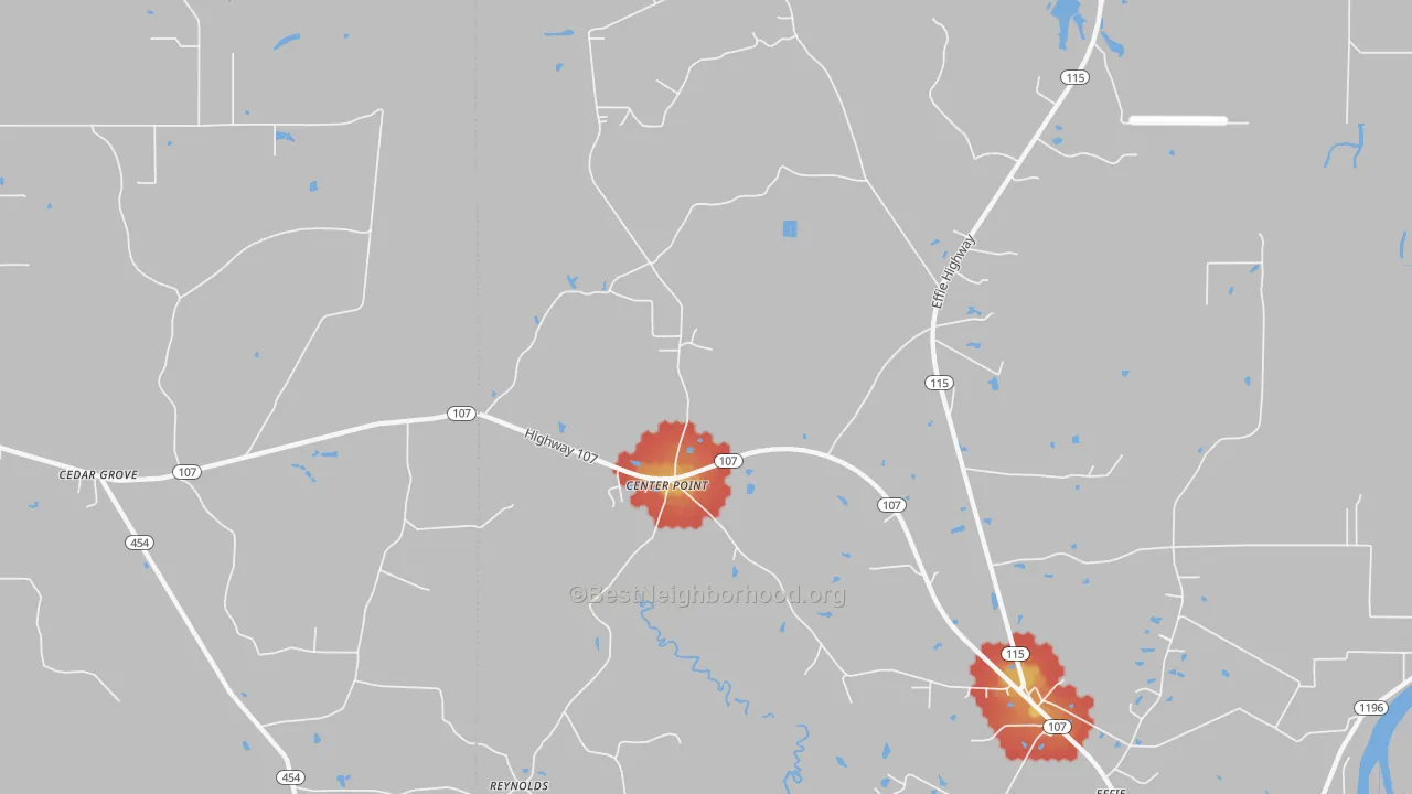 Walk Grade map of 71323, LA, walkable areas in green and car-dependent areas in red